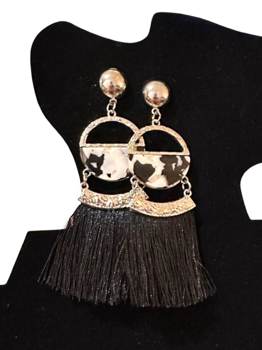 Black Silver Dangle Earrings With Tassels And Cow Print Detail 3.5 Inch NWOT
